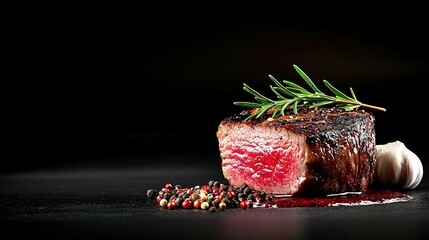   A perfectly cooked steak garnished with a sprig of rosemary and garlic-pepper sprig on the side