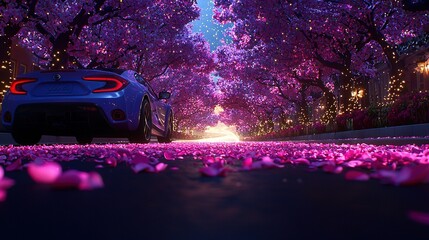   Blue sports car parked beside trees with purple foliage on the road