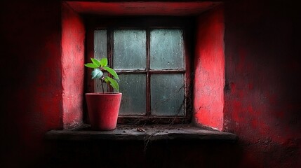   A potted plant sits on a window sill, facing a red-painted wall and a window pane