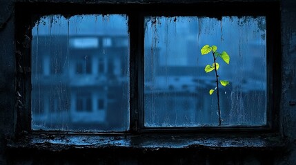   A plant growing from a rundown building window in a city at night
