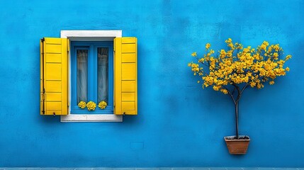  A blue building boasts yellow shutters and a potted plant adorned with yellow flowers on its side