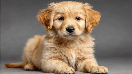   Golden retriever puppy on gray background, head turned, looking at camera