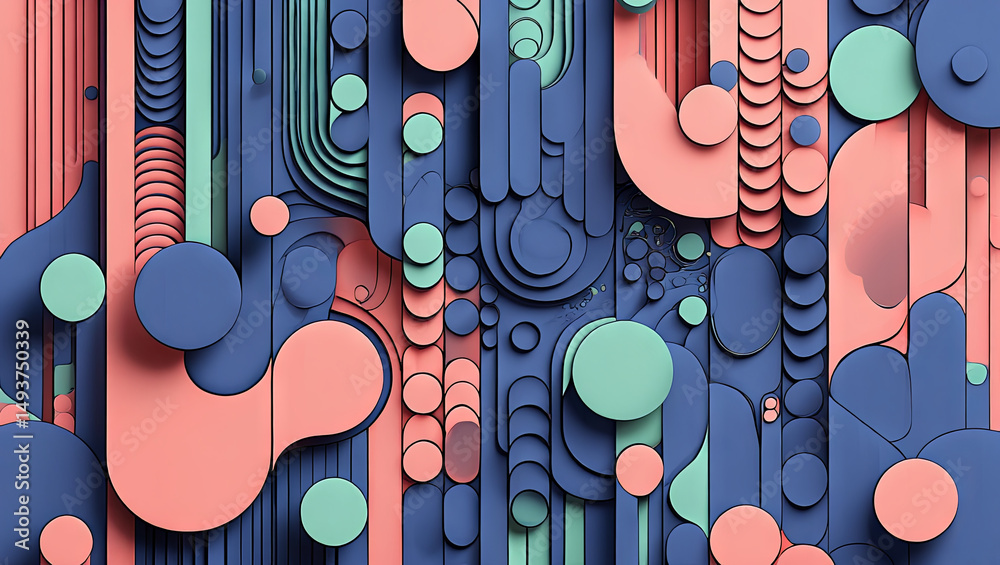 Poster bright layers of shapes create a captivating abstract composition with circular and linear elements 