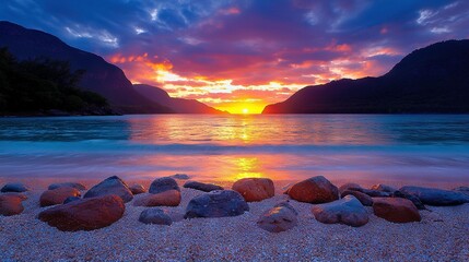   A sunset over a rocky shore with distant mountains in the background