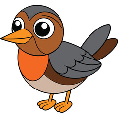 Cheerful cartoon robin with an orange breast stands looking left with big eyes