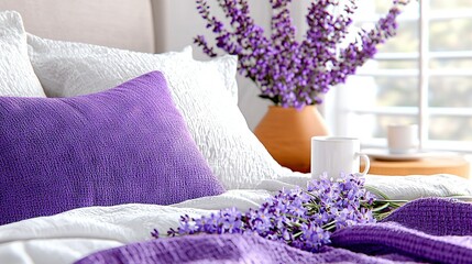   A close-up of a bed with pillows, a cup of coffee on a table, and a vase of flowers