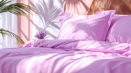   A detailed view of a cozy bed with a pink quilt and a potted plant positioned before a window
