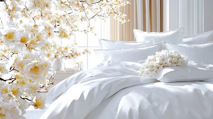  Bed with white comforter & white flowers on top, window in bg