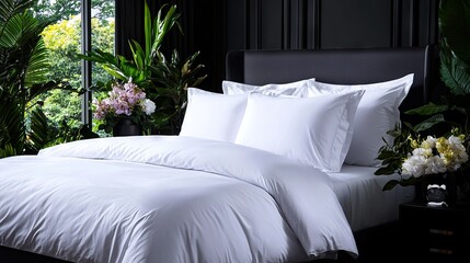  Bed with white comforter, pillows & plants/flowers on side