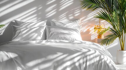  A room with a white-sheeted bed, pillows, and a potted plant beside it