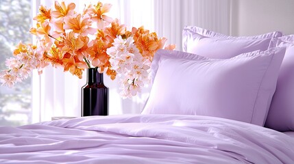   A vase overflowing with vibrant flowers rests atop a bed, alongside two pillows and a solitary pillow perched above