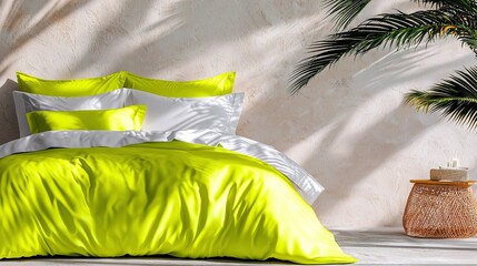   A cozy bedroom with a sunny yellow comforter, a vibrant potted plant, and a rustic wicker basket on the floor