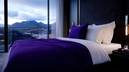   A cozy bed adorned with a vibrant purple comforter offers a stunning cityscape view through the hotel window