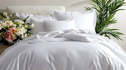   A comforter-covered bed surrounded by a table adorned with an array of bouquets in a vase