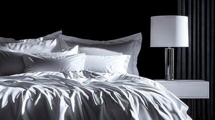   A monochrome image of a bed with a white duvet and two table lamps positioned beside it