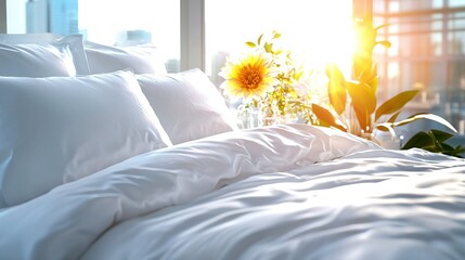   An image of a cozy bedroom with white linens and sunflower arrangements The window in the background provides natural light