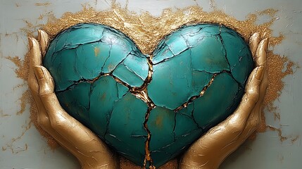 Teal cracked heart held in golden hands high resolution photo