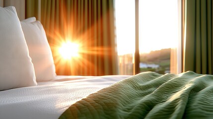   The sun illuminates the room through the curtains, casting light on a bed positioned near the window