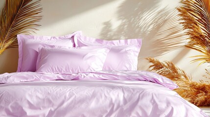  A bedroom adorned with pink bedding, plush pillows, and palm leaf decorations on the walls In the corner, a vibrant plant adds life to