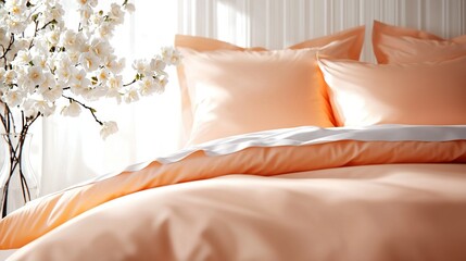   A close-up of a bed with a peach-colored comforter and a white flower in a vase on the side