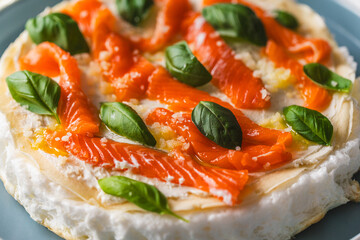 Background with texture of Omelette Mother Poulard. French omelette with whipped egg whites, lightly salted trout and basil. Use for banner and menu. Top view. Close-up. Copyspace