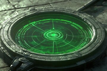 Futuristic circular device with glowing green HUD
