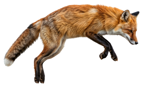 Red fox jumping, isolated on a transparent background