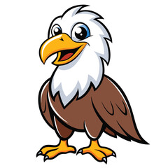 Cartoon eagle with brown body, white head, and blue eyes stands smiling cheerfully