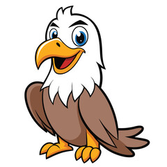 Friendly cartoon bald eagle with bright blue eyes and happy smile stands upright