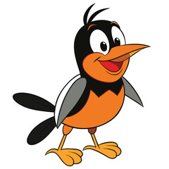 Cheerful cartoon oriole smiles broadly, displaying orange and black plumage on a white background