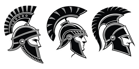 Three ancient greek spartan warrior helmets profile views black and white illustration