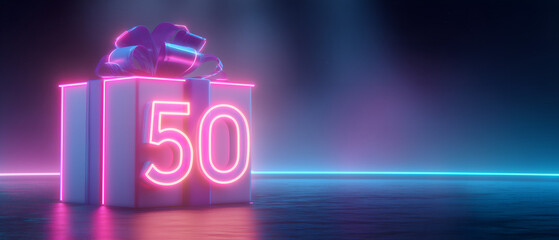 pink, blue & black square 50th birthday card background; neon design with number and copy space; concept festive birthday / anniversary celebration; black backdrop