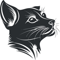 Black and white vector illustration of a cat head looking upwards with detailed whiskers and ears