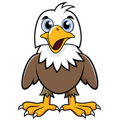 Joyful cartoon bald eagle with open beak stands confidently on a white background
