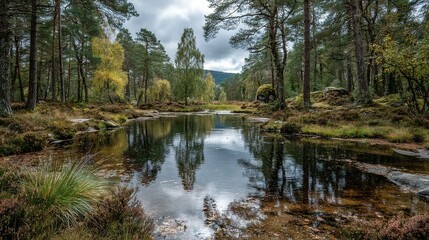 Obraz premium River surrounded by trees in cloudy sky
