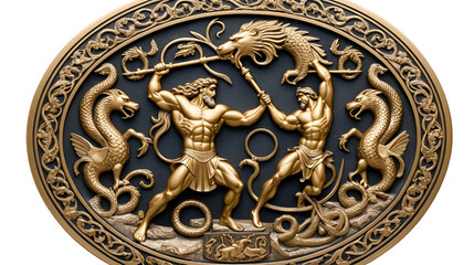 Hercules kills the Lyrna Hydra. 12 exploits of Hercules. Oval medallion isolated on a white background.