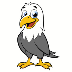 Cheerful eagle cartoon character with large blue eyes confidently stands on a white background