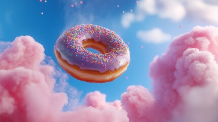 A colorful donut appears to float in a bright blue sky surrounded by fluffy clouds, showcasing its vibrant icing and sprinkles for a surreal dessert moment