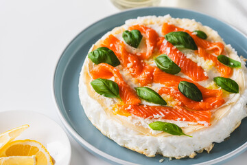 Omelette Poulard. Omelette of Mother Poulard. French omelette with whipped egg whites, lightly salted trout and basil. Beautiful, healthy and tasty breakfast.