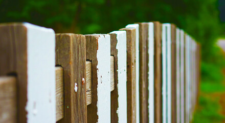 A weathered wooden fence with peeling white paint stands against a blurred green background outside