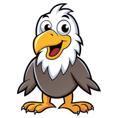 Cheerful cartoon bald eagle with outstretched claws stands smiling on a white background