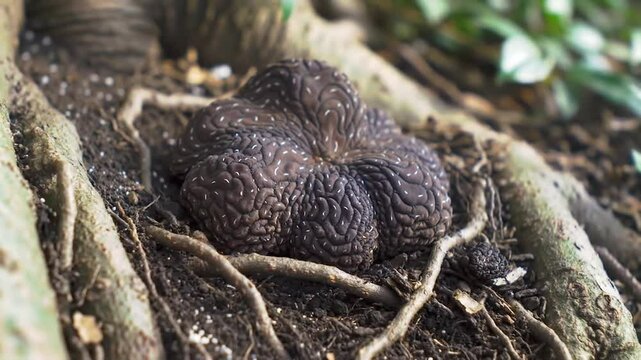 Exotic Hydnora Africana Plant Displayed In Botanical Soil Setting Near The Roots