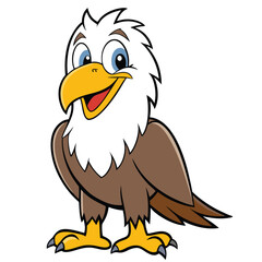 Cheerful cartoon bald eagle with bright blue eyes confidently standing on its yellow feet