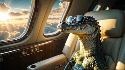 Alligator Flying in Jet with Sunglasses