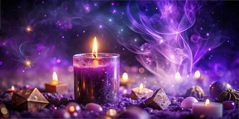 A vibrant assortment of candles burns softly, creating a tranquil ambiance. Purple colors and swirling smoke enhance the mystical feel, surrounded by various crystals and stones
