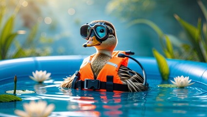 Duck in Scuba Gear Floating in Pool