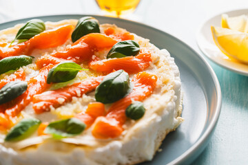 Omelette Poulard. Omelette of Mother Poulard. French omelette with whipped egg whites, lightly salted trout and basil. Beautiful, healthy and tasty breakfast.