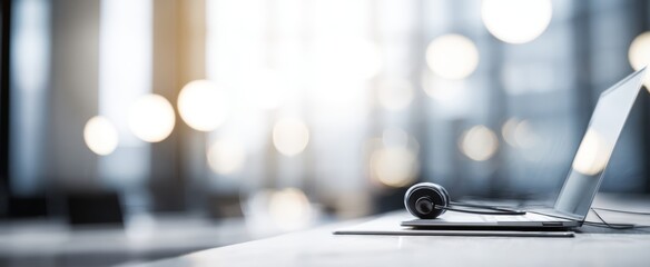 The sleek headset resting beside a modern laptop in a professional workspace.