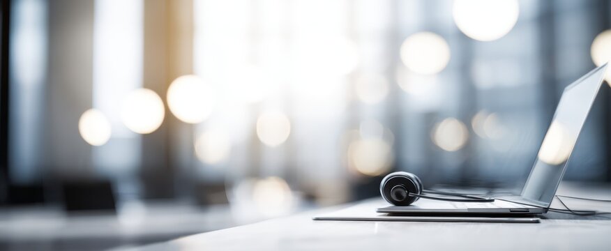 The sleek headset resting beside a modern laptop in a professional workspace.