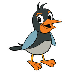 Cheerful cartoon bird with orange beak and feet stands smiling happily alone